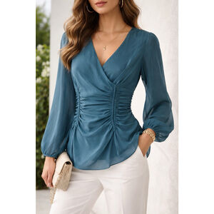 Max Studio Silk Blend Wrap Blouse Ruched Waist V-Neck Long Sleeve XL